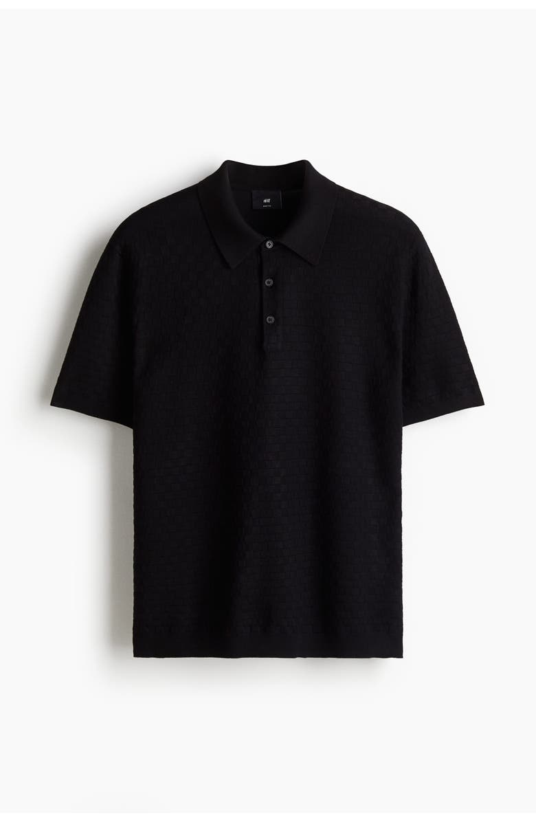 H&M Slim Fit Textured-knit Polo Shirt, Main, color, Black