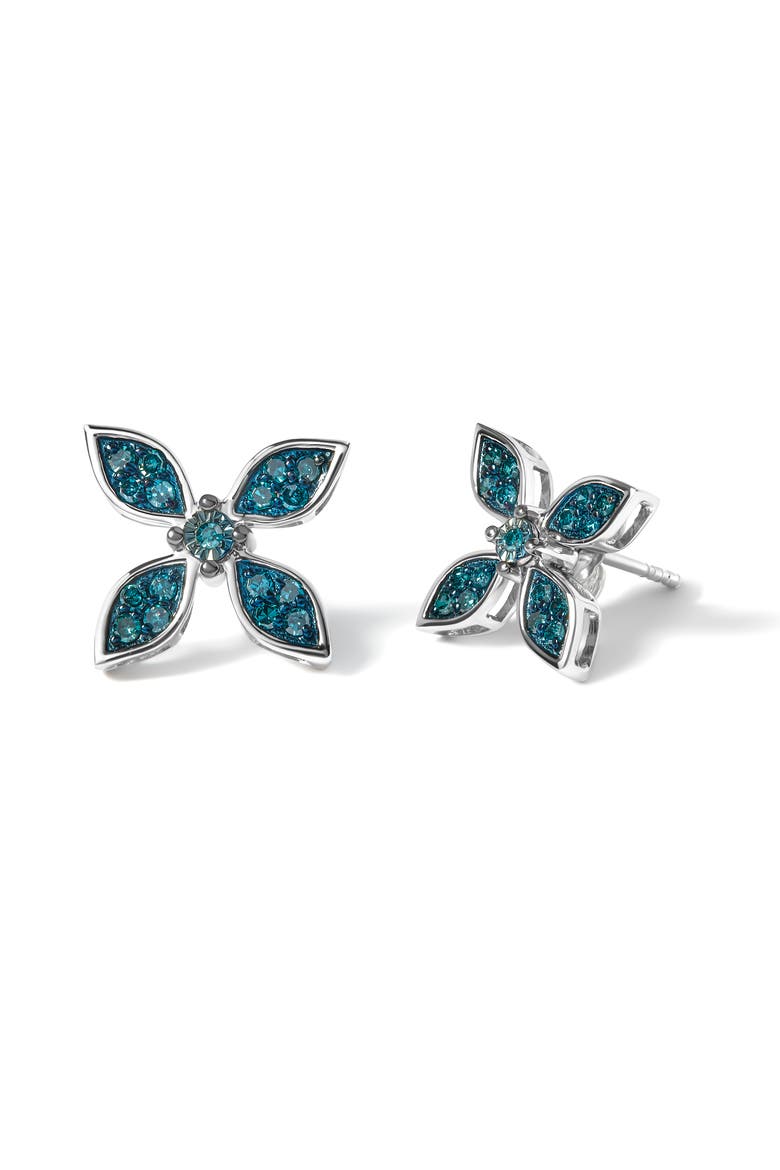 .925 Sterling Silver 1/3 Cttw Blue Diamond Floral Earrings, Alternate, color, Silver