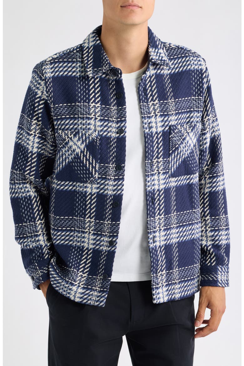 Whiting Plaid Recycled Cotton Blend Overshirt, Main, color, NAVY / ECRU