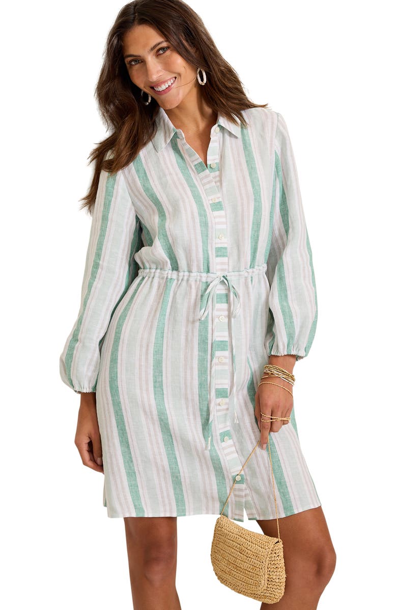 Tommy Bahama Seaside Cove Stripe Long Sleeve Linen Shirtdress, Alternate, color, Silky Green