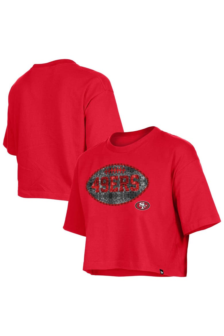Girl's New Era Scarlet San Francisco 49ers Flip Sequin Boxy T-Shirt, Main, color, Scarlet