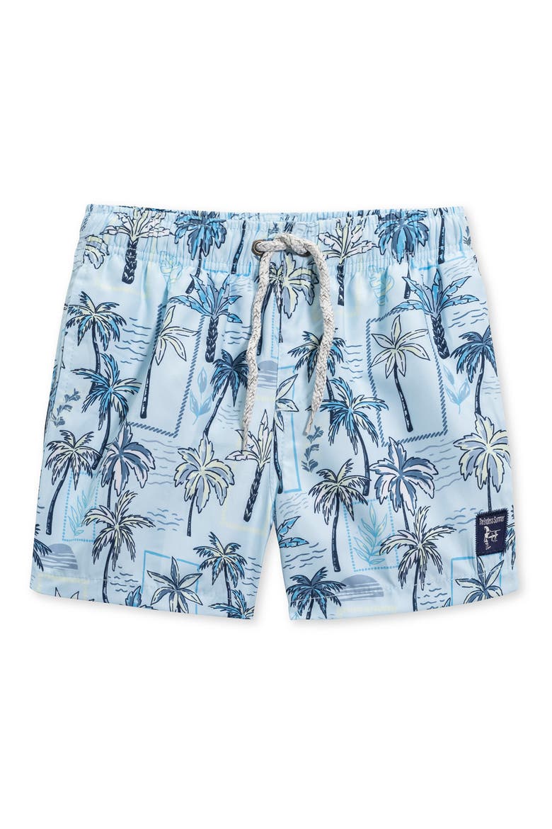 Kids' Palm Tree Volley Swim Trunks, Main, color, LIGHT BLUE