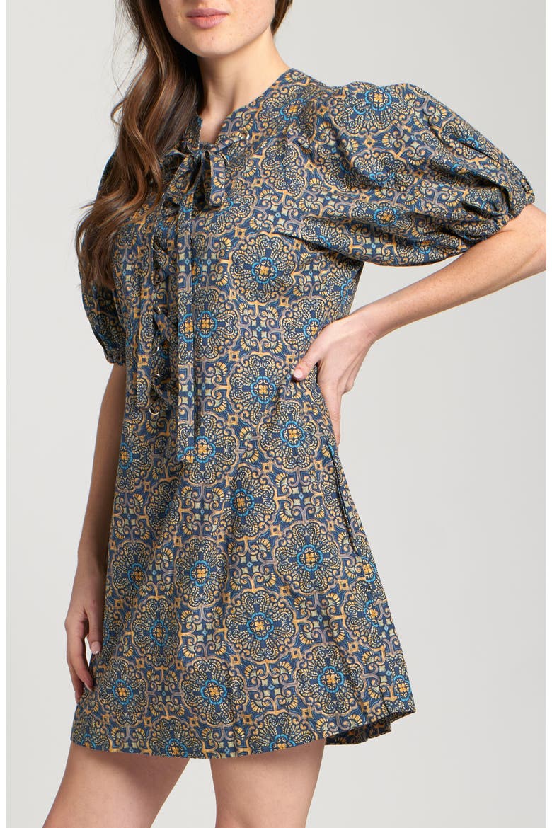 Mixed Tile Print Puff Sleeve Cotton Dress, Alternate, color, INDIGO MULTI