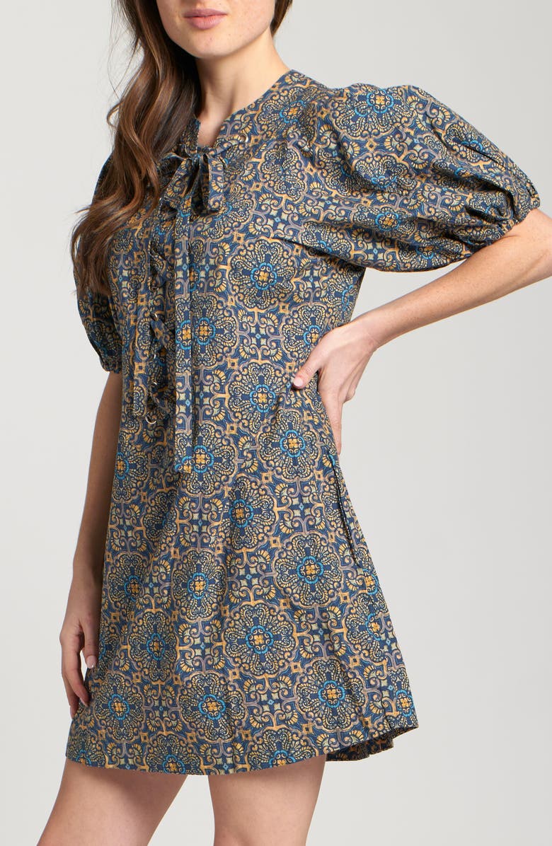 APNY Mixed Tile Print Puff Sleeve Cotton Dress, Alternate, color, Indigo Multi
