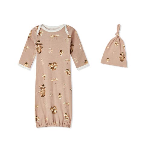Milkbarn Organic Cotton Newborn Gown And Hat Set In Brown