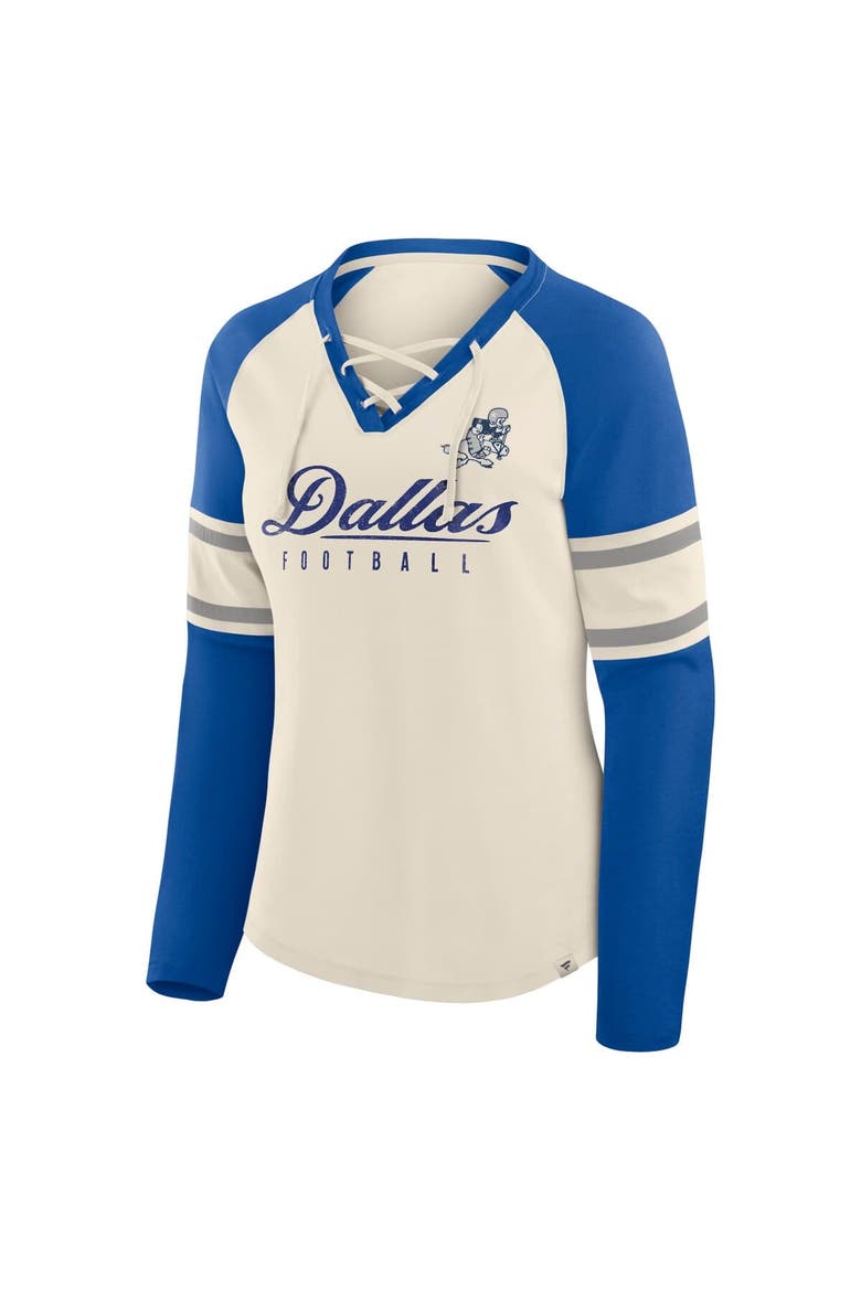 Women's Fanatics Cream/Royal Dallas Cowboys Hometown Gridiron Hero Raglan Lace-Up V-Neck Long Sleeve T-Shirt, Alternate, color, Cream