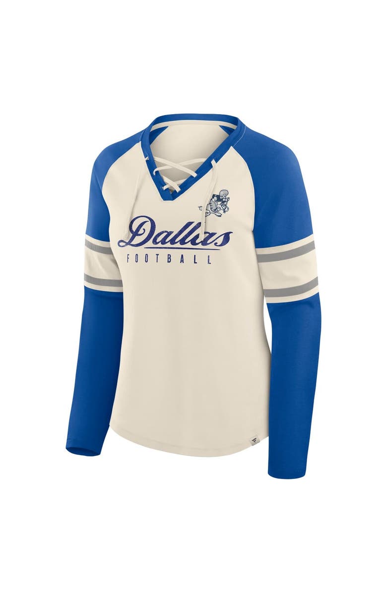 FANATICS Women's Fanatics Cream/Royal Dallas Cowboys Hometown Gridiron Hero Raglan Lace-Up V-Neck Long Sleeve T-Shirt, Alternate, color, Cream