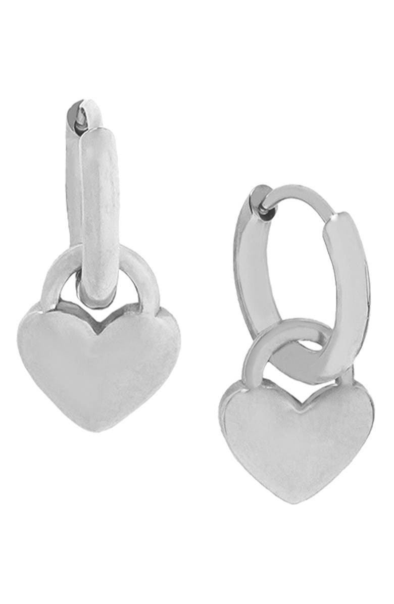 MARLYN SCHIFF Hara Heart Charm Huggie Earrings, Main, color, Silver
