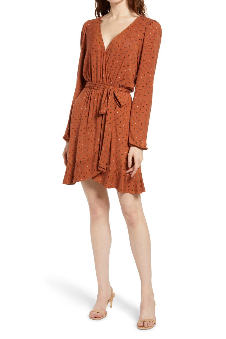 Long Sleeve Wrap Minidress, Main, color, BROWN DELILAH FLORAL DOT