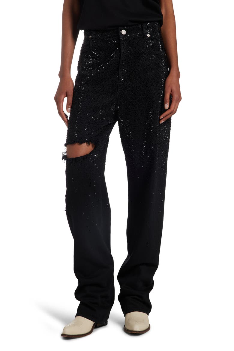 Crystal Embellished Ripped Straight Leg Jeans, Main, color, BLACK