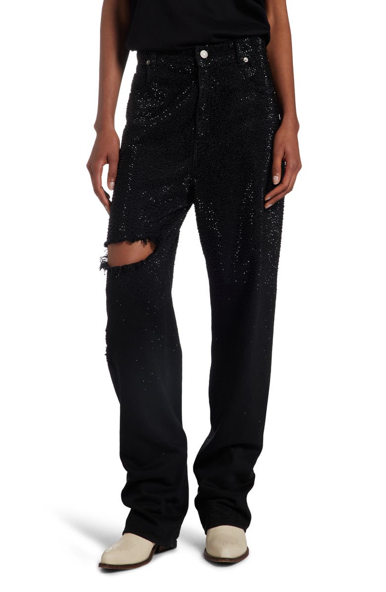 Golden Goose Crystal Embellished Ripped Straight Leg Jeans, Main, color, Black