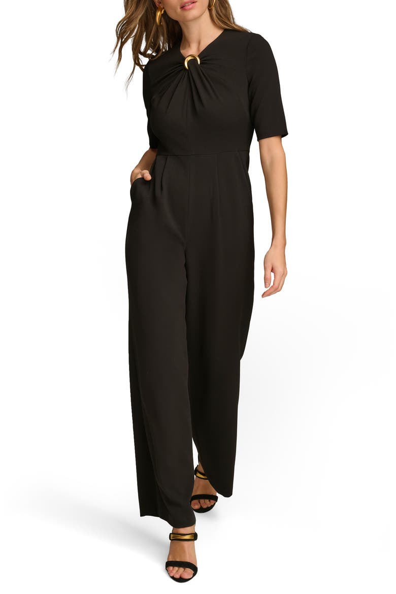 Twist Front Straight Leg Jumpsuit, Main, color, BLACK