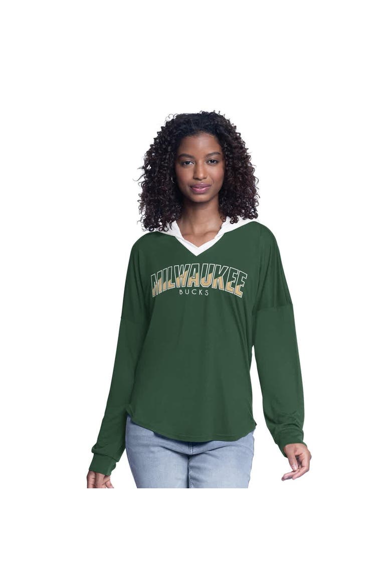 Women's G-III 4Her by Carl Banks Hunter Green Milwaukee Bucks Bench Player Oversized Long Sleeve Hooded Top, Main, color, Hunter Green