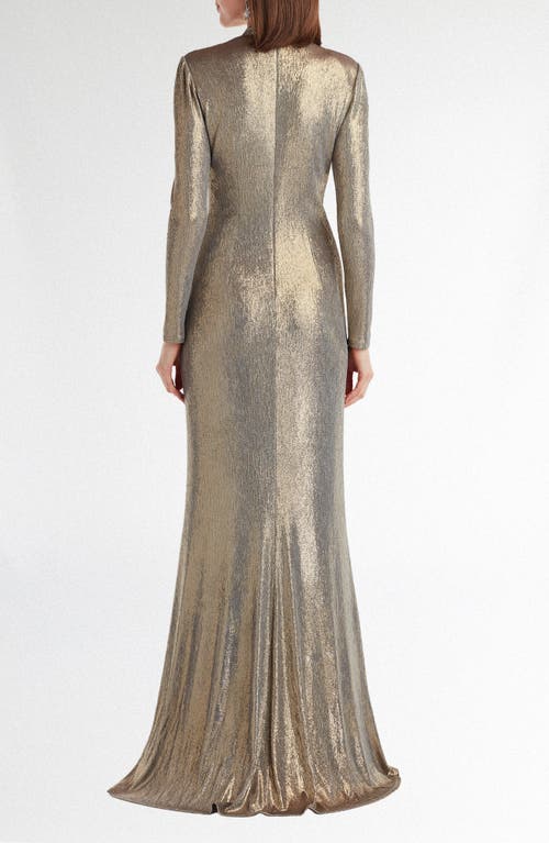 Tadashi Shoji Metallic Long Sleeve Liquid Jersey Gown In Neutral