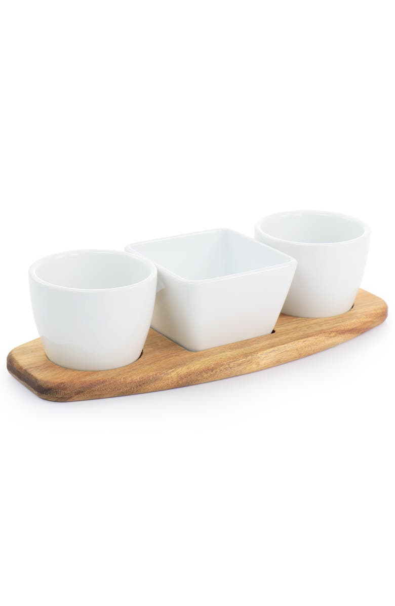 Gibson Elite Gracious Dining 4 Piece Fine Ceramic Tidbit Dish Set with Acacia Wood Base, Alternate, color, White