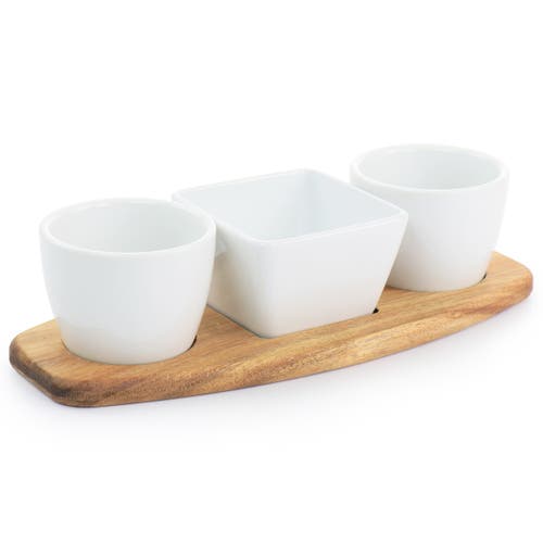Gibson Elite Gracious Dining 4 Piece Fine Ceramic Tidbit Dish Set With Acacia Wood Base In White