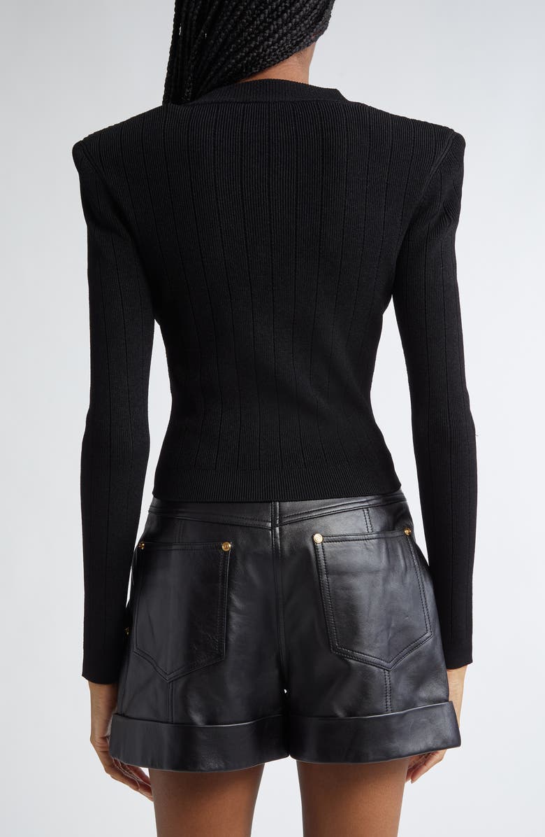 Balmain Button Detail Rib V-Neck Cardigan, Alternate, color, Black