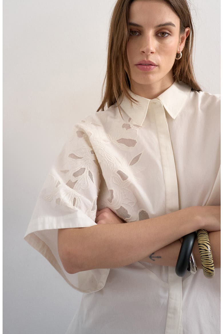 Oversized Floral Cutwork Button-Up Top, Alternate, color, WHITE