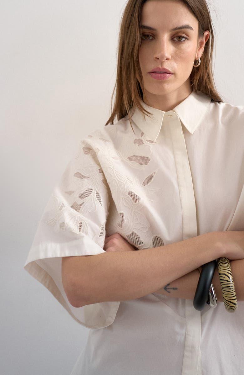 Topshop Oversized Floral Cutwork Button-Up Top, Alternate, color, White