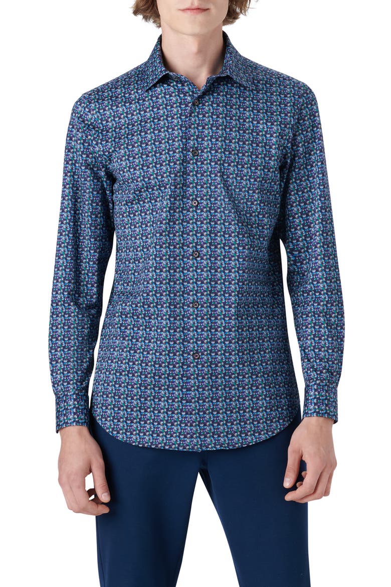 OoohCotton® Geo Print Button-Up Shirt, Main, color, PEACOCK