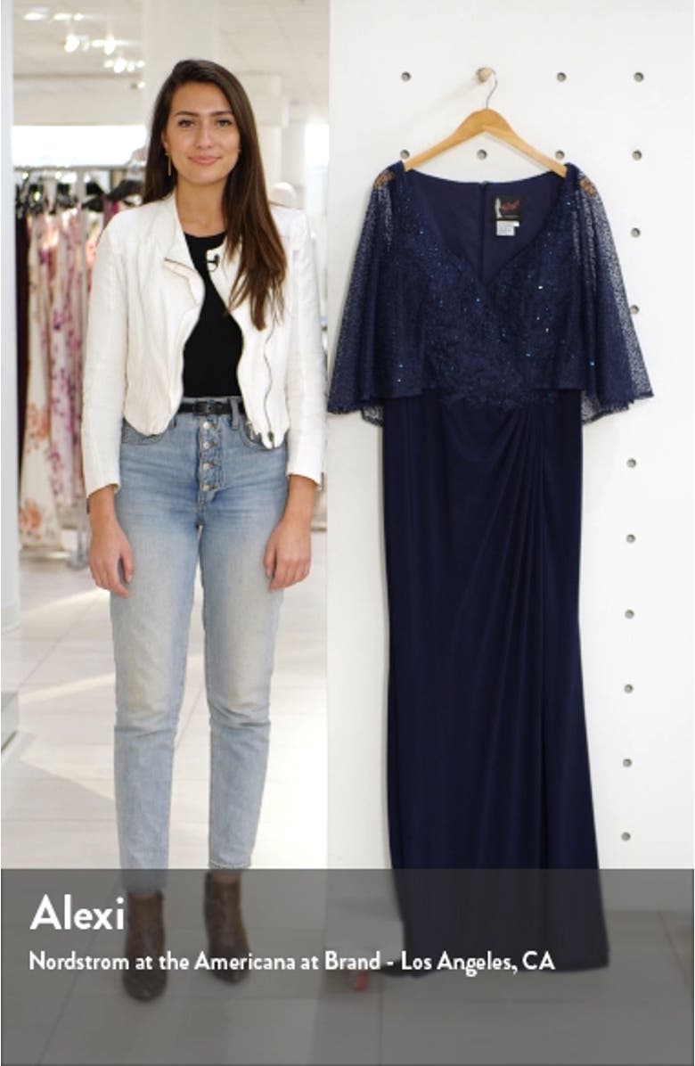 Beaded Lace Capelet Column Gown, sales video thumbnail