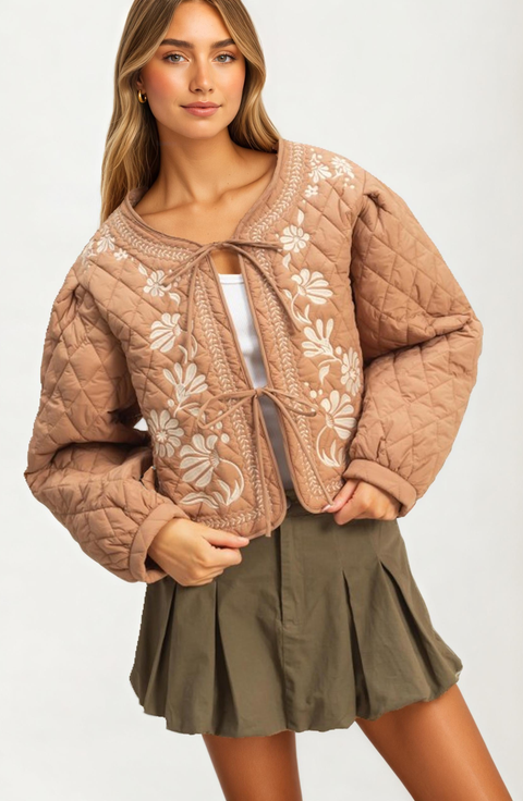 Quilted Floral Embroidered Tie Front Jacket