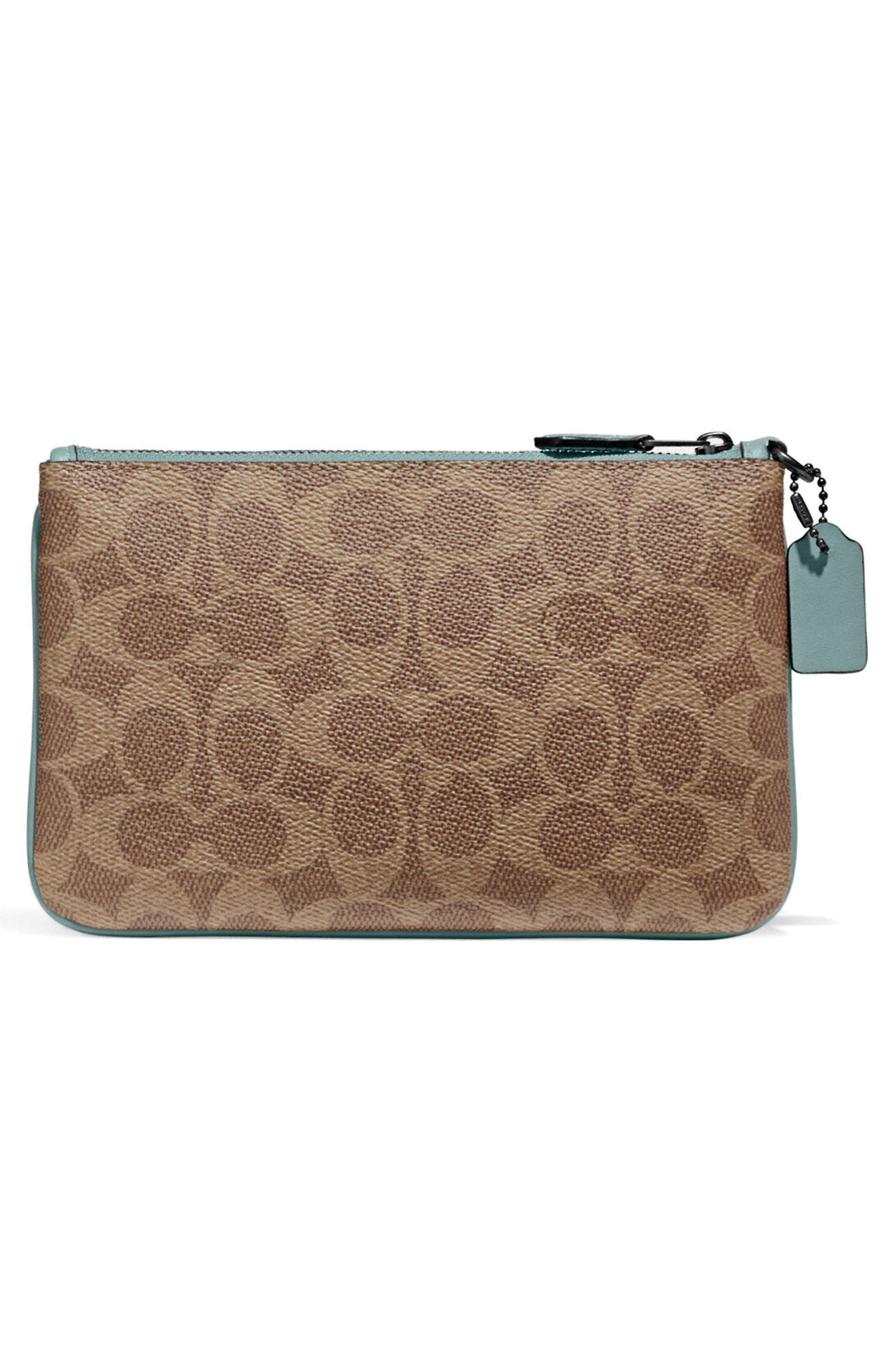 Small Signature Canvas & Leather Wristlet, Alternate, color, TAN AQUA