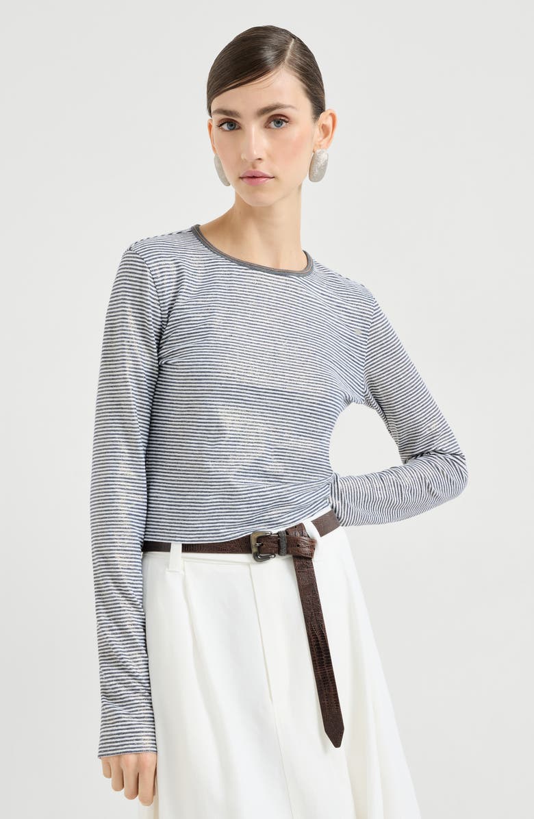 Brunello Cucinelli Striped jersey top with monili, Main, color, Blue