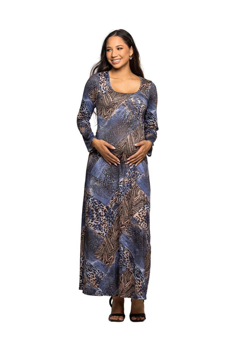 Animal Print Long Sleeve Scoop Neck Maxi Dress, Main, color, Blue Multi