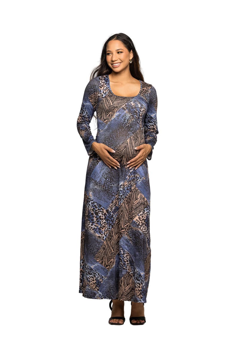 24seven Comfort Apparel Animal Print Long Sleeve Scoop Neck Maxi Dress, Main, color, Blue Multi