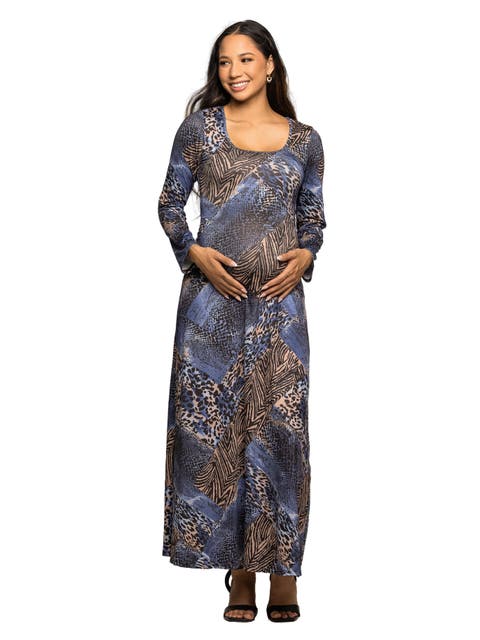 Animal Print Long Sleeve Scoop Neck Maxi Dress
