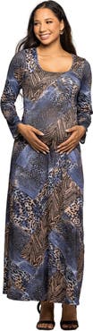 24seven Comfort Apparel Animal Print Long Sleeve Scoop Neck Maxi Dress
