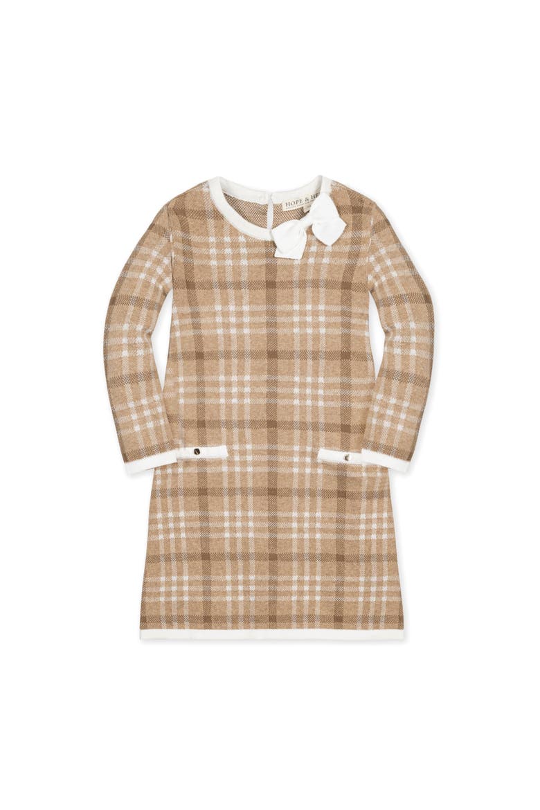 Girls' Organic Bow Sweater Dress, Toddler, Alternate, color, Camel Plaid Intarsia