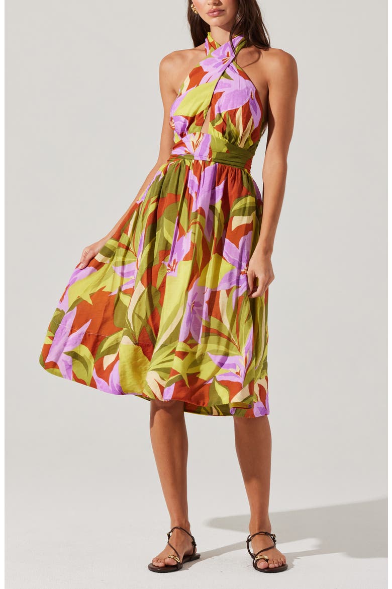 Kalia Floral Halter Neck Dress, Alternate, color, GREEN RUST FLORAL