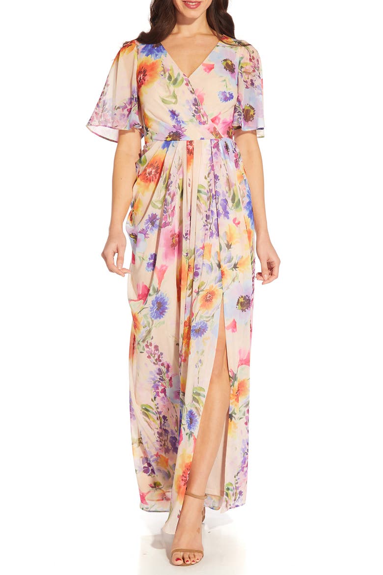 Floral Print Chiffon Gown, Main, color, PRALINE MULTI