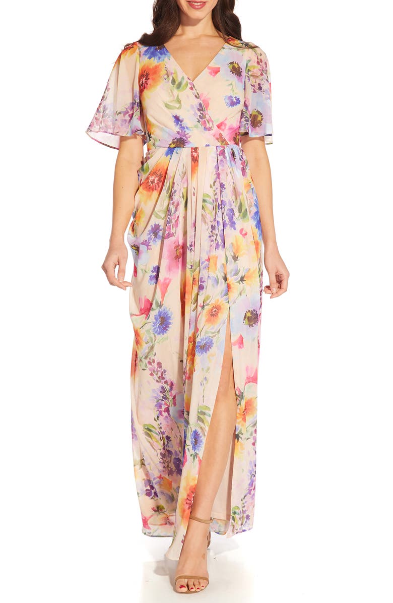 Adrianna Papell Floral Print Chiffon Gown, Main, color,
