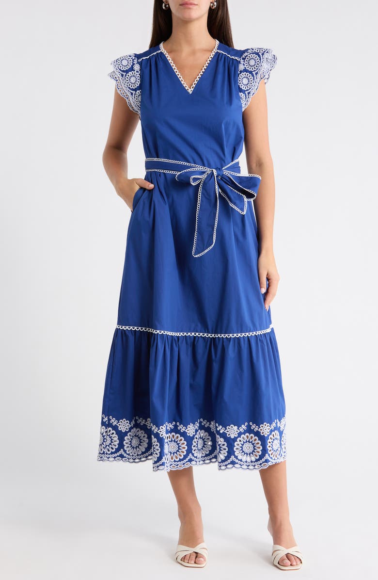 SUGARLIPS Siera Embroidered Ruffle Maxi Dress, Main, color, Navy-White