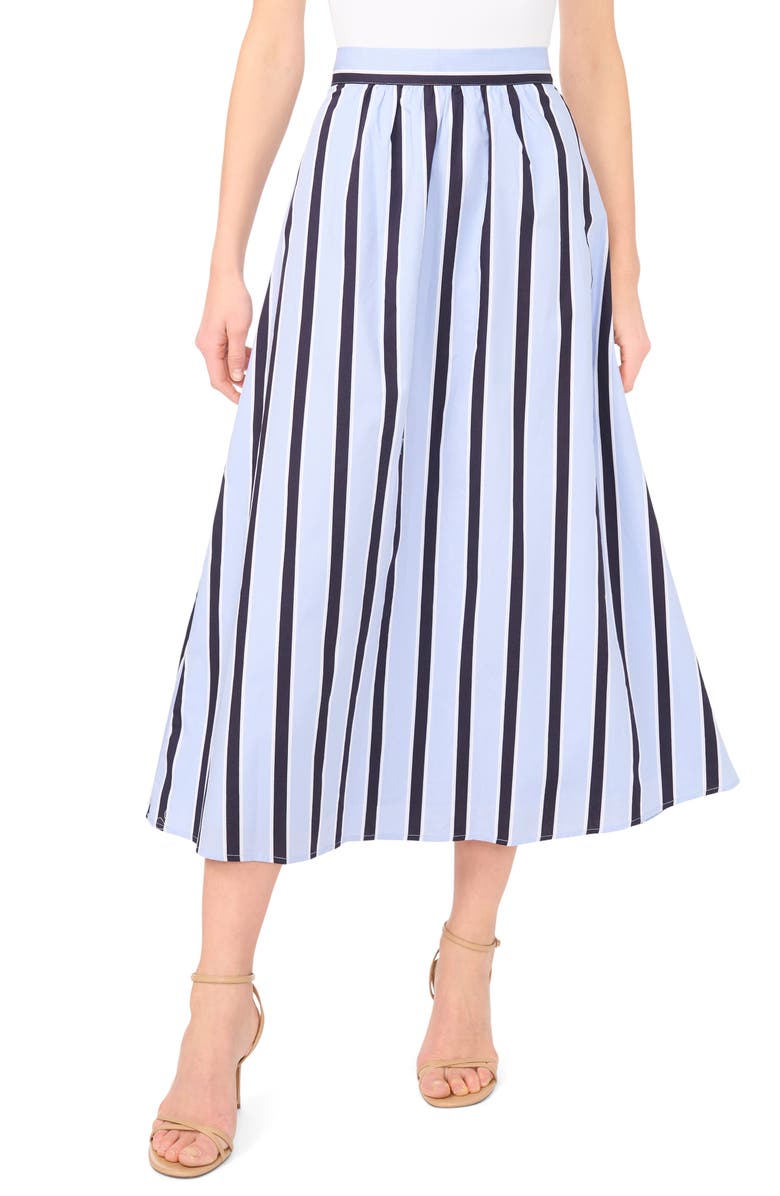 Vince Camuto Stripe Flare Midi Skirt, Main, color, Metro Blue