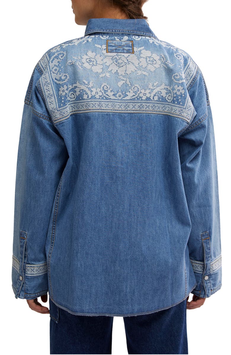 Free People Embroidered Oversize Denim Snap-Up Shirt, Alternate, color, 