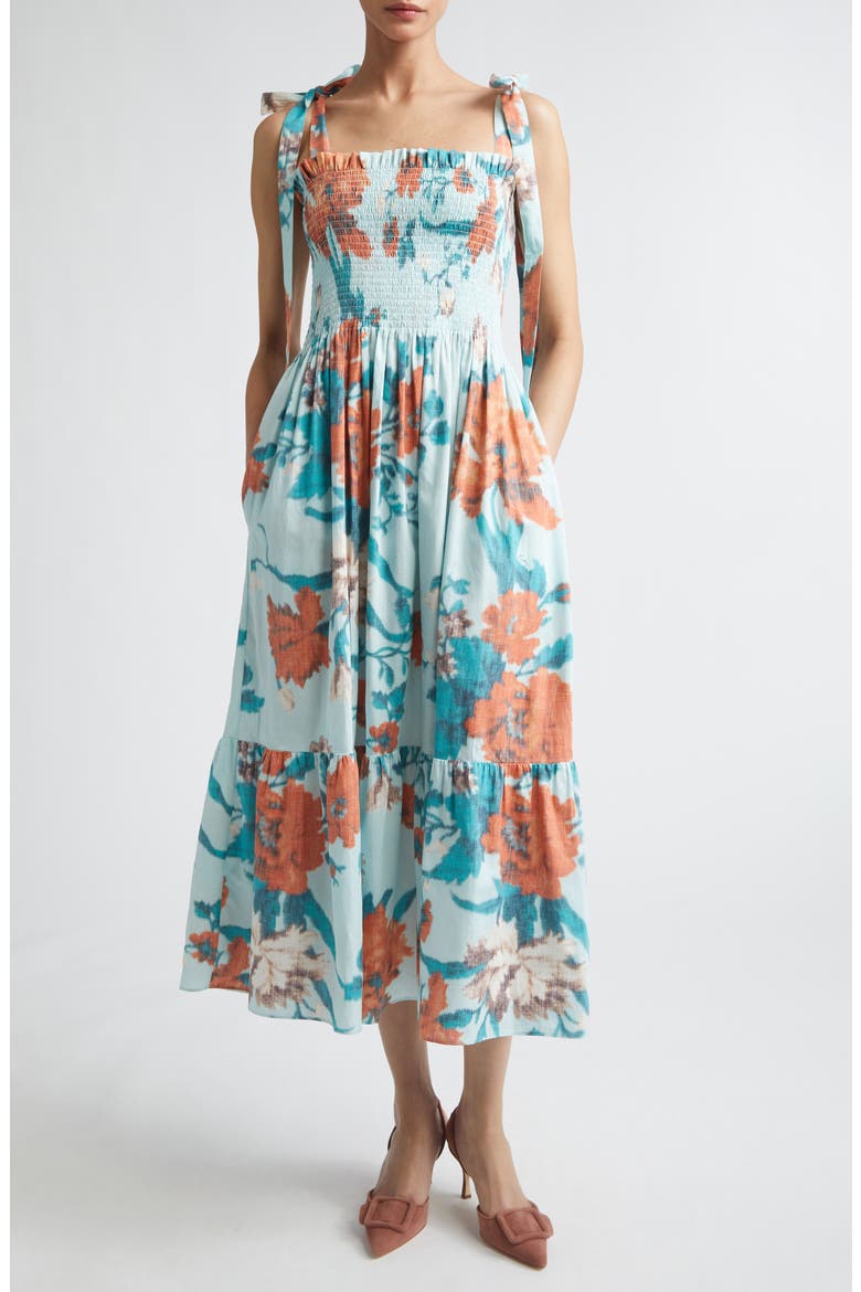 Floral Tiered Cotton Midi Sundress, Main, color, TRAILING POPPY DREAM BLUE
