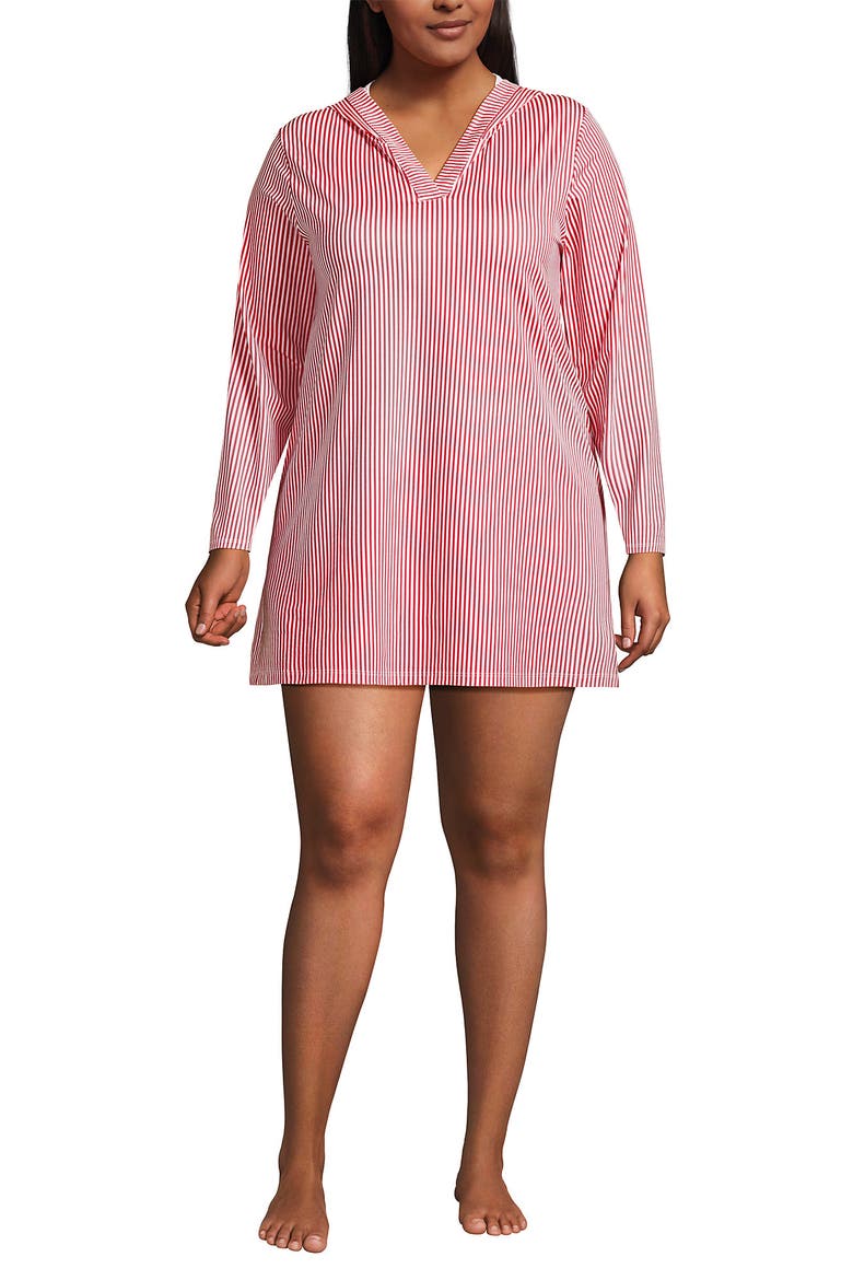Plus Size SunShade UPF 50 Hooded Mini Swim Swim Cover-Up Dress, Main, color, Wood Lily Mini Stripe