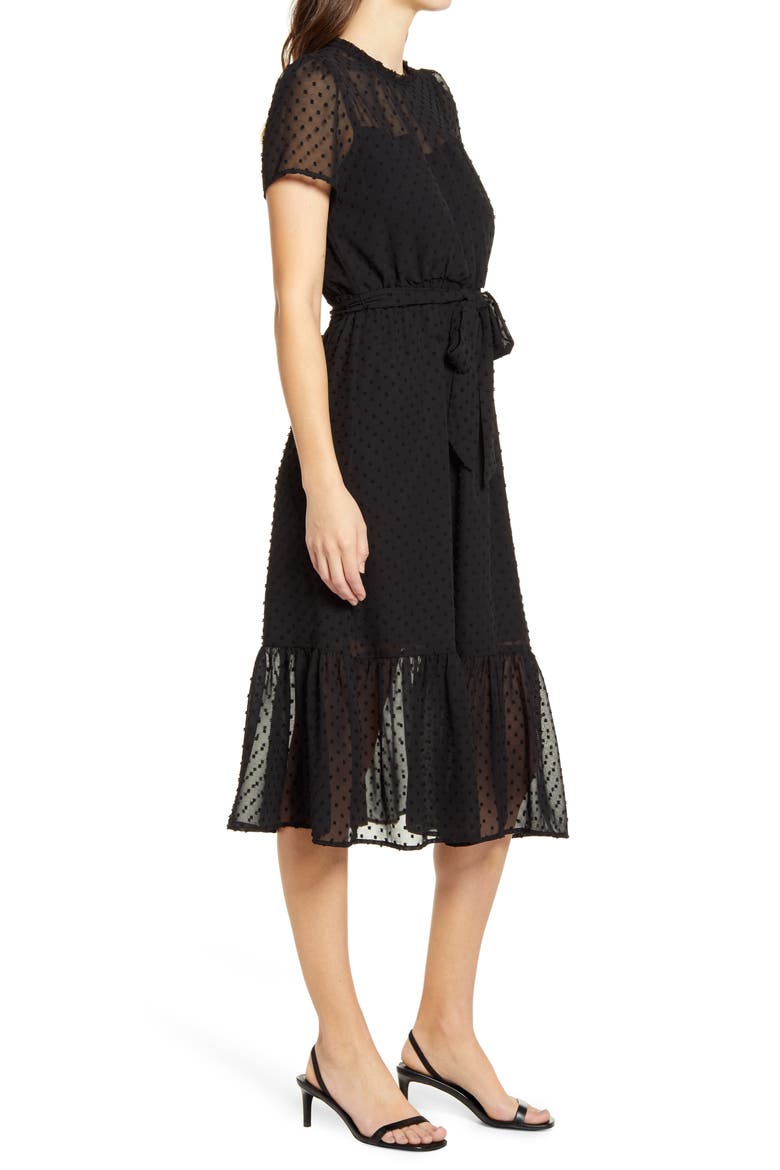Belted Swiss Dot Midi Dress, Alternate, color, BLACK