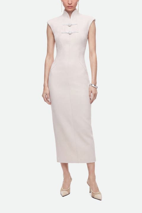Padded Shoulder Button Detail Maxi Dress