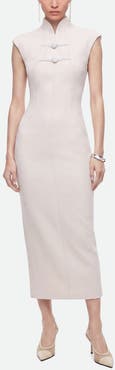 Nocturne Padded Shoulder Button Detail Maxi Dress