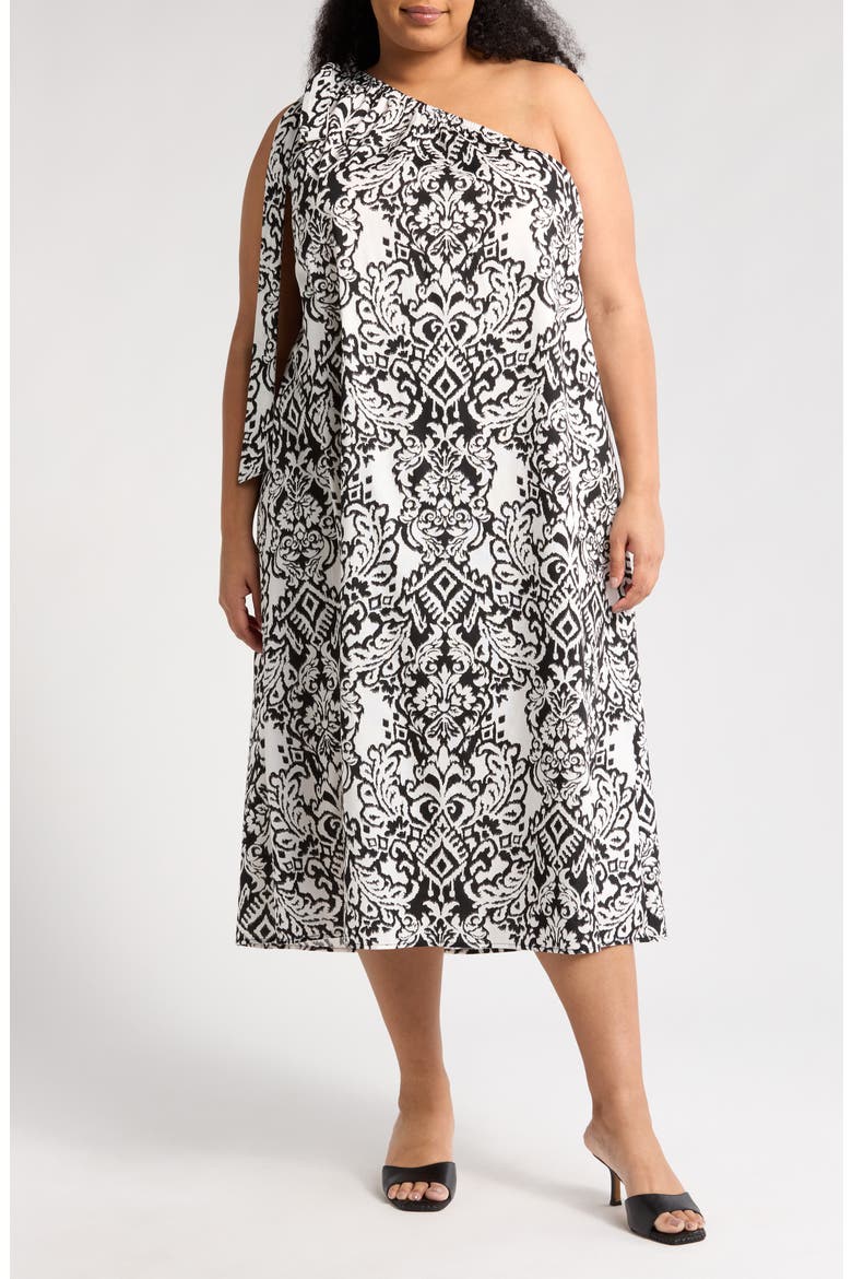 One-Shoulder Midi Dress, Main, color, BLACK/ WHITE
