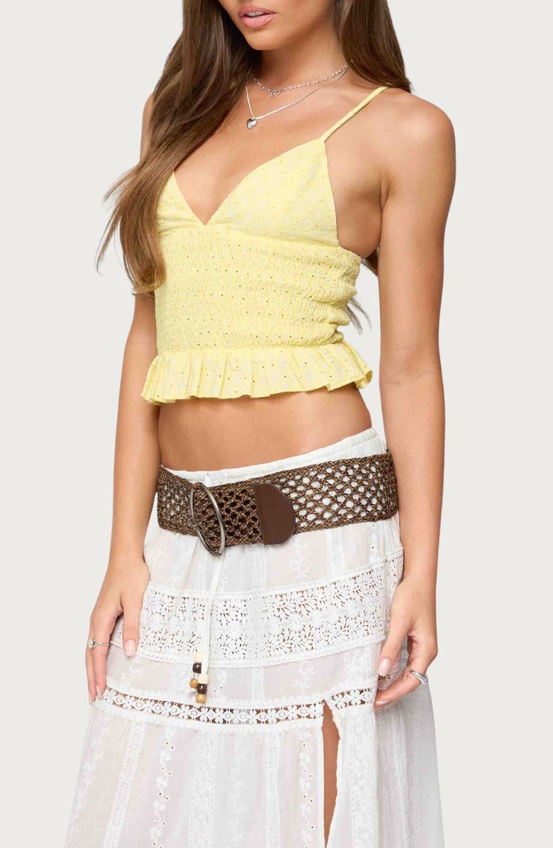 EDIKTED Evy Embroidered Cotton Blend Peplum Crop Top, Alternate, color, Yellow