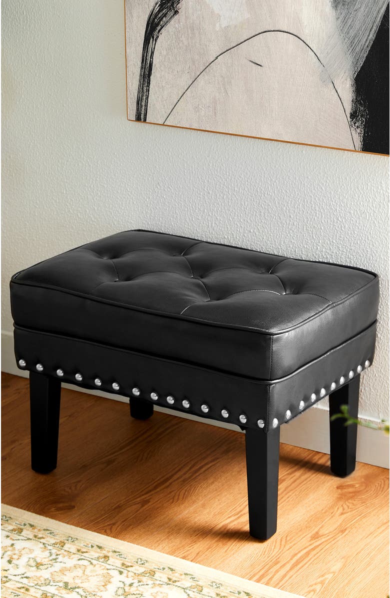 Glitzhome Mid-century Modern Faux Leather Button-tufted Accent Stool, Alternate, color, Black