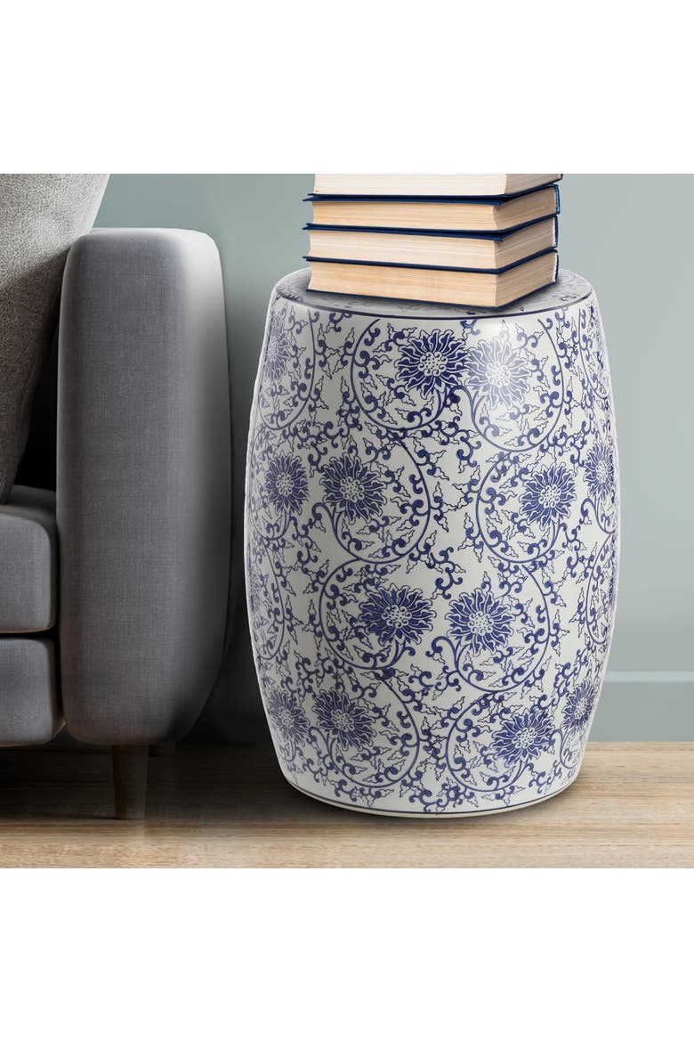 Lotus Blossom Traditional Floral Chinoiserie Ceramic Drum Garden Stool, Pierced Indoor/Outdoor Patio Seat & Side Table, Alternate, color, Blue/White