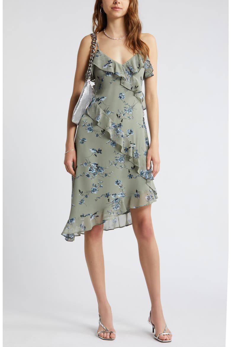 Floral Print Ruffle Chiffon Dress, Alternate, color, GREEN- BLUE SMUDGE FLORAL