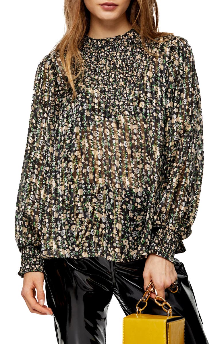 Topshop Metallic Floral Smocked Top, Main, color, 